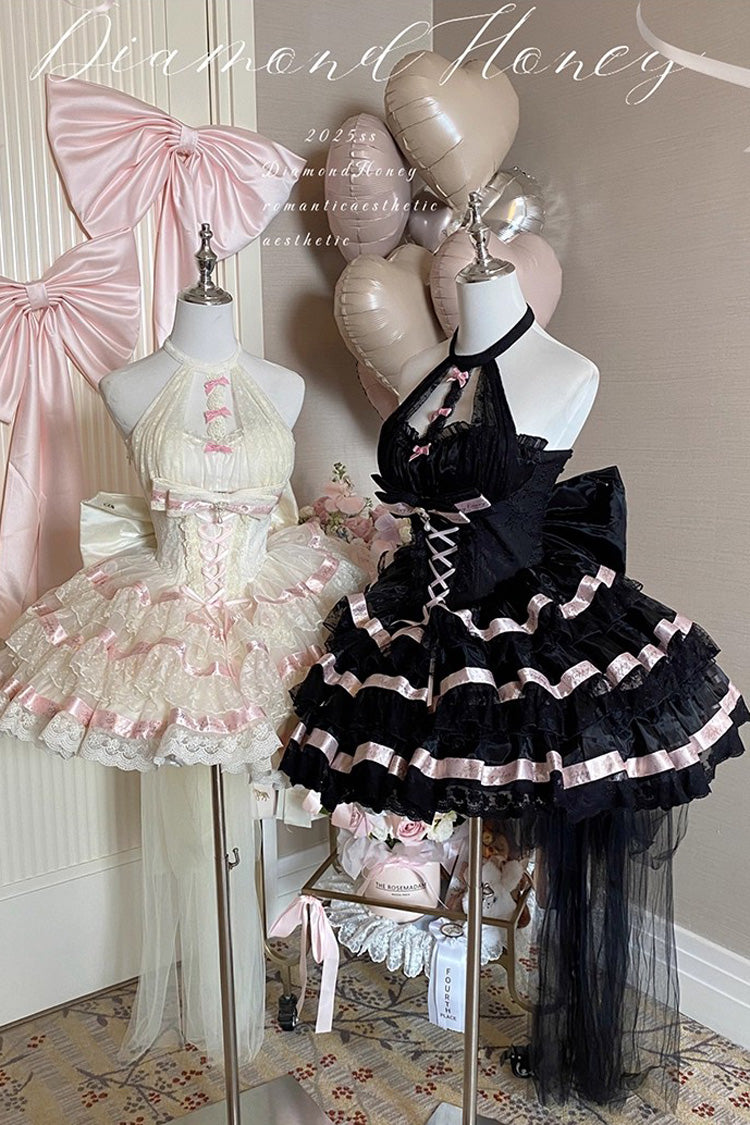 Halterneck Triple-Layered Ruffle Bow Sweet Lolita Dress - Ballet Dream