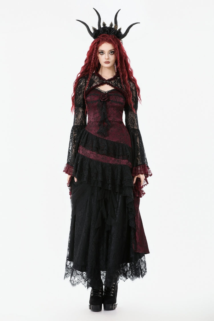 Crimson Noir Flared Lace Puff-Sleeve Women's Gothic Cape