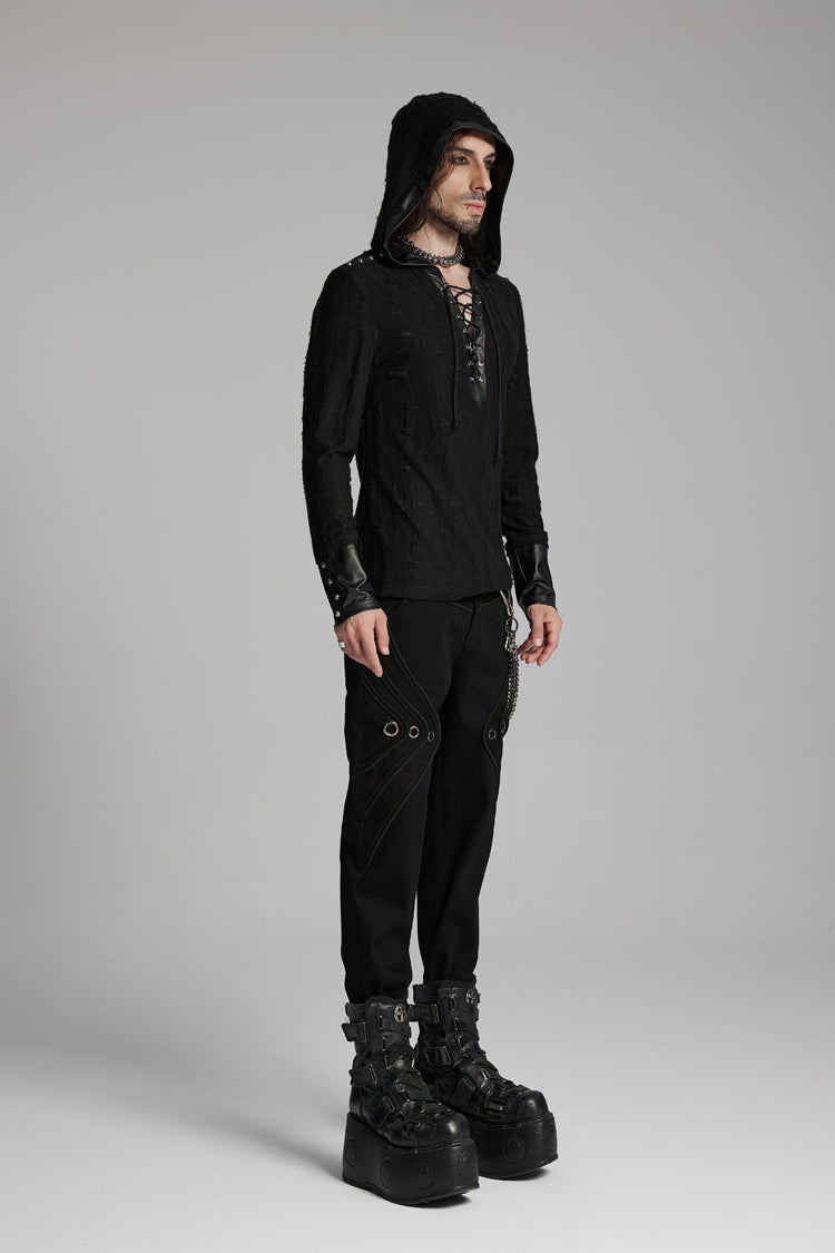 Punk Tee for Men with Lace-Up, Hood, Studs, and Eyelets, Extended Sleeves
