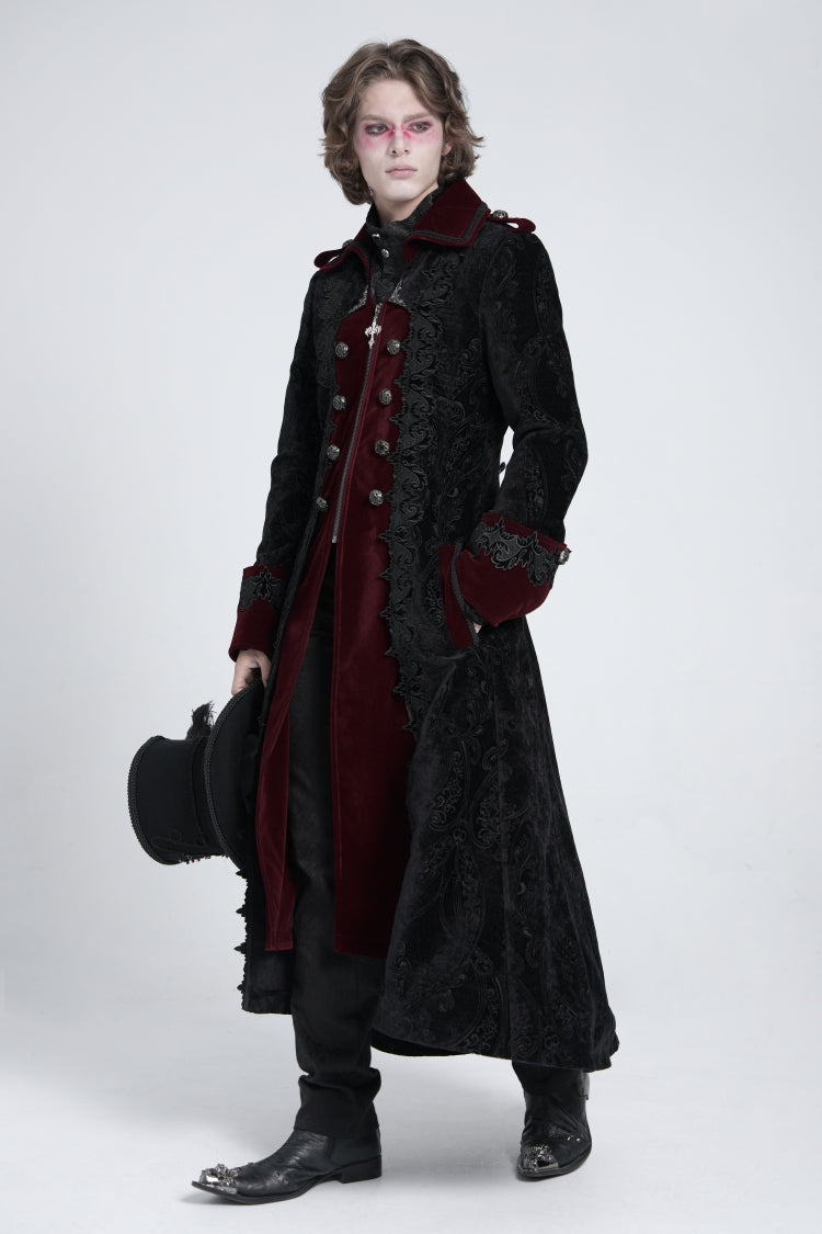 Crimson Noir Zipper Embroidery Lapel Collar Men's Gothic Coat