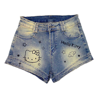 Y2K Kitty Denim Shorts Pants KI484