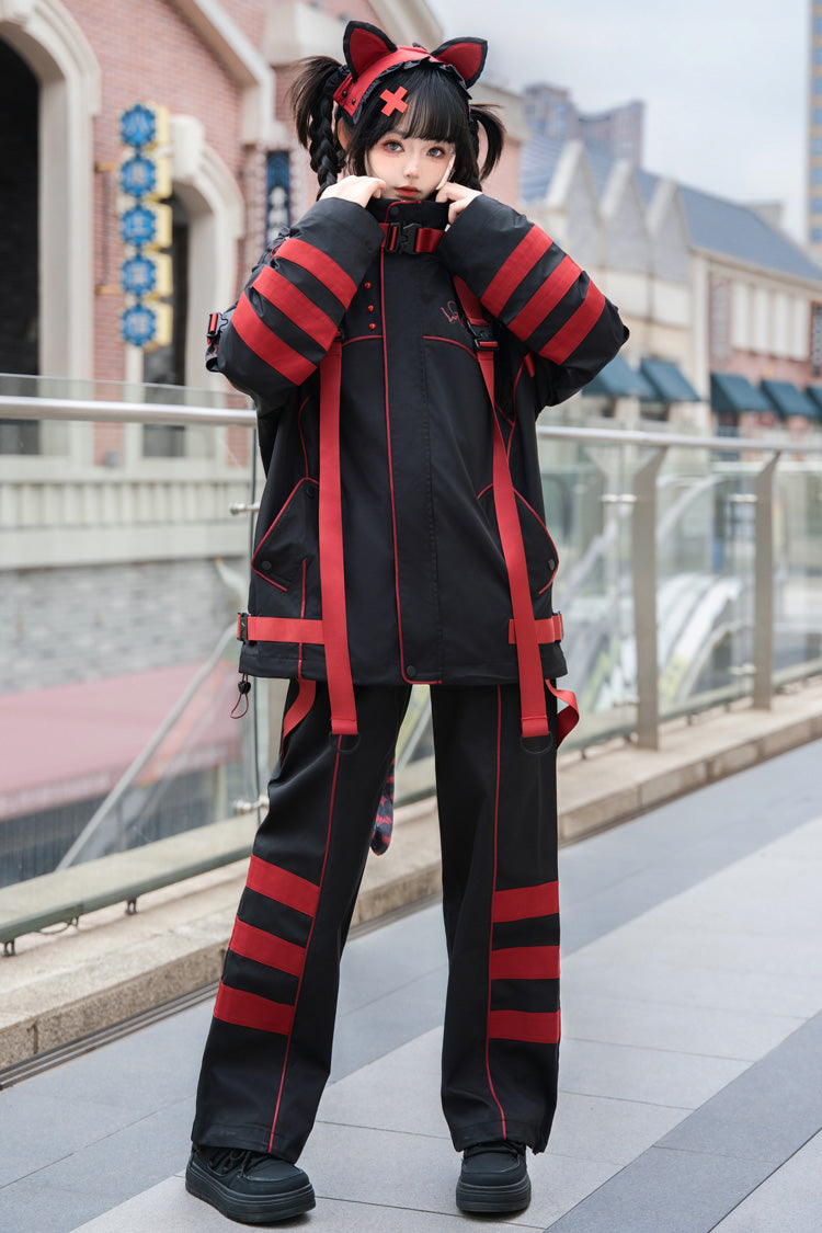 Crimson & Noir Long Sleeve Print Cat Ear Hooded Jirai Kei Stylish Coat