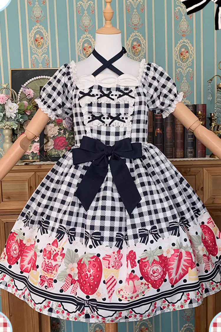 Strawberry-Plaid Sweet Lolita Dress with Bow Accents