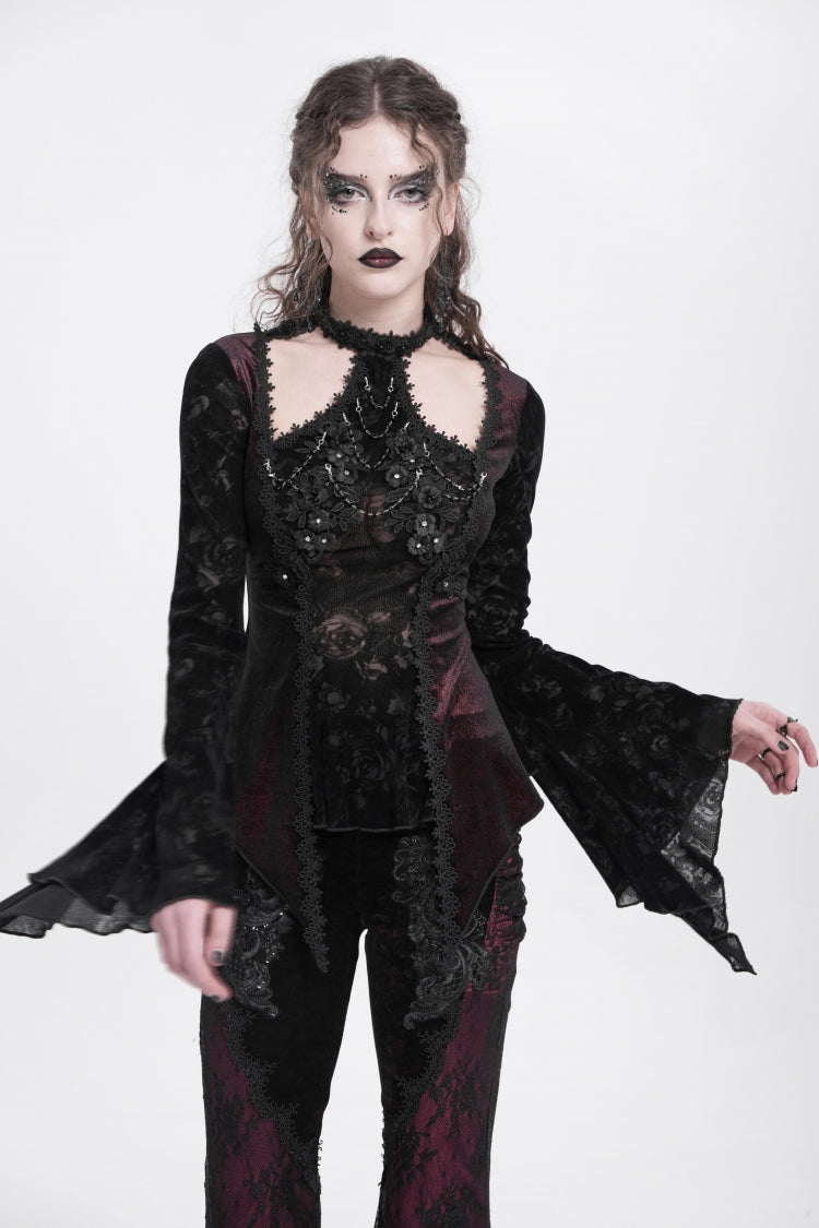 Crimson Gothic Blouse with Jacquard Cutout and Trumpet Sleeves