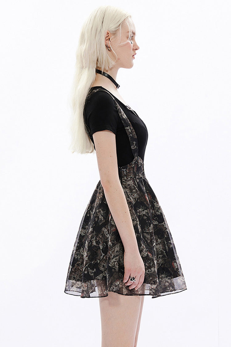 Gothic Skirt with Lace and Cat Print Suspender Design