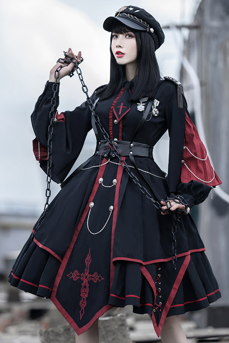Crimson & Noir Long Sleeve Punisher Military Asymmetric Gothic Lolita Full Set