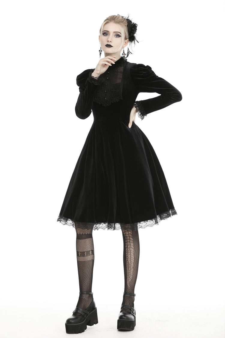 Gothic Velvet Gown with Puff Sleeves and Lace Detailing in Black
