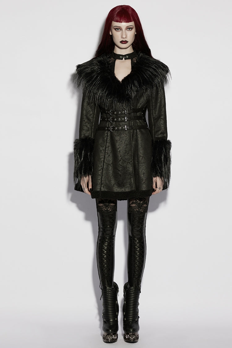 Buckle-Strap Gothic Coat with Plush Lapel - Gothic Edge