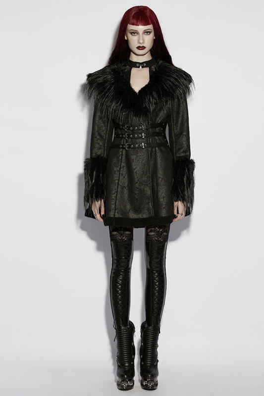 Buckle-Strap Gothic Coat with Plush Lapel - Gothic Edge