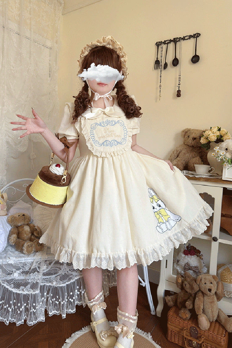 Sweet Dream Bunny Doll Collar Short Sleeves Ruffle Embroidery Bowknot Sweet Plus Size Lolita Dress