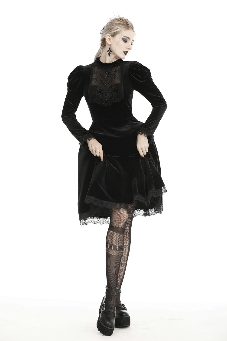 Gothic Velvet Gown with Puff Sleeves and Lace Detailing in Black