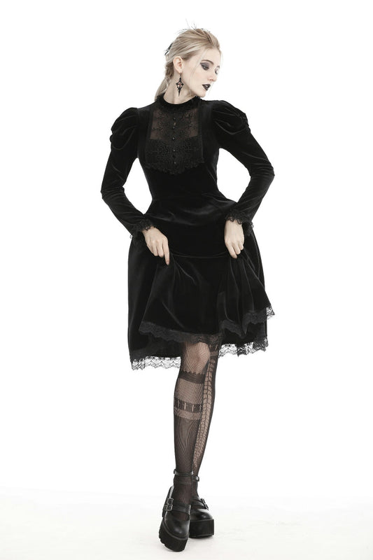 Gothic Velvet Gown with Puff Sleeves and Lace Detailing in Black