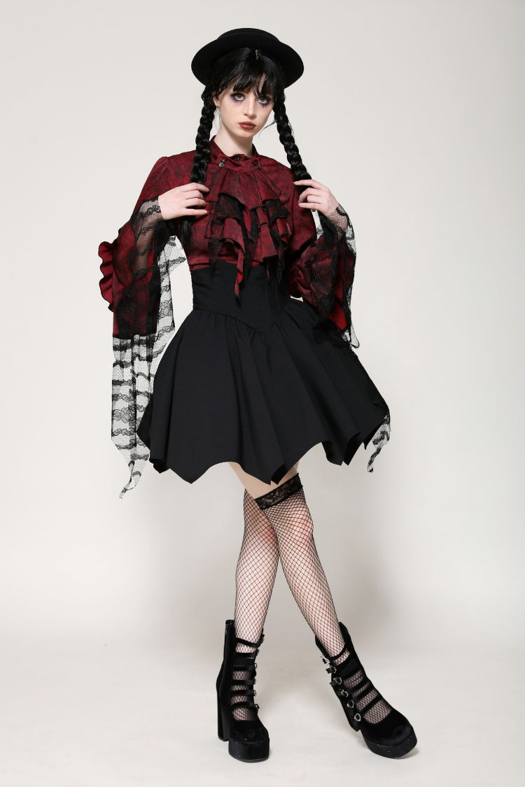 Crimson Gothic Blouse with Frilly Lace and Long Hime Sleeves