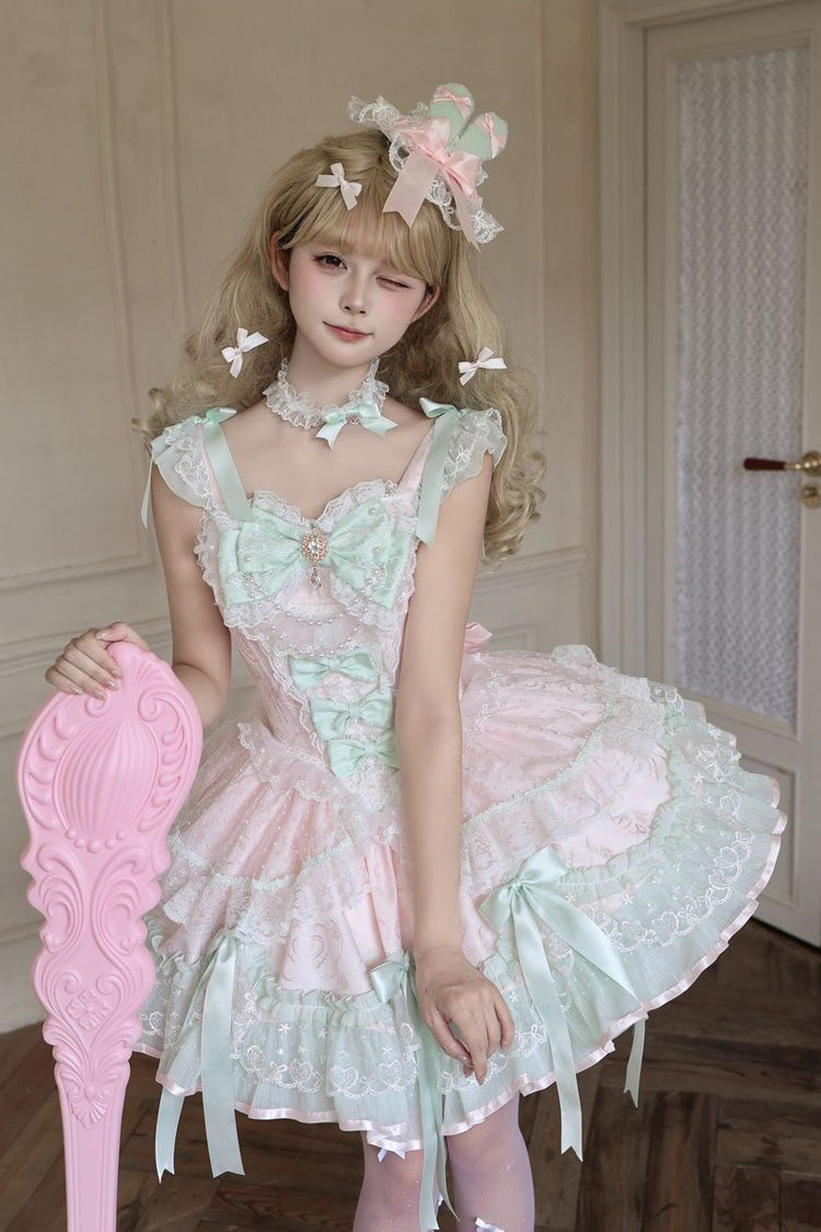 Candy Satin Ballet Square Collar Sleeveless Multi-Layer Ruffle Bow Pearl Lolita JSK