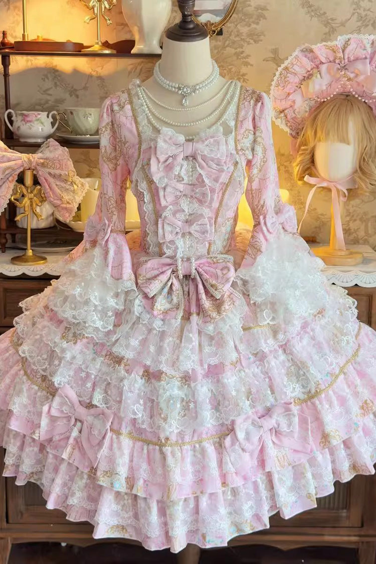 Candlelight Elegance Long Trumpet Sleeve Multi-Layer Ruffle Bow Lace Elegant Lolita Dress