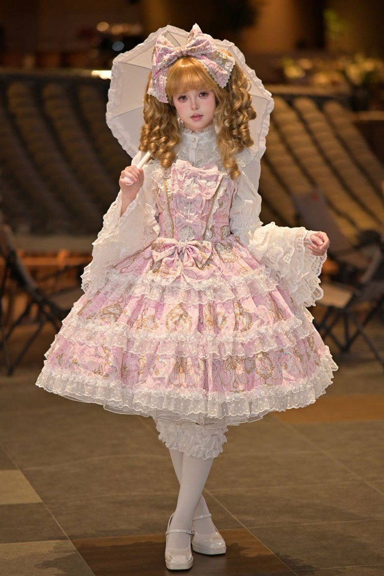 Candelabrum Elegy Sleeveless Triple-Layer Flower Print Ruffle Bow Lace Lolita JSK