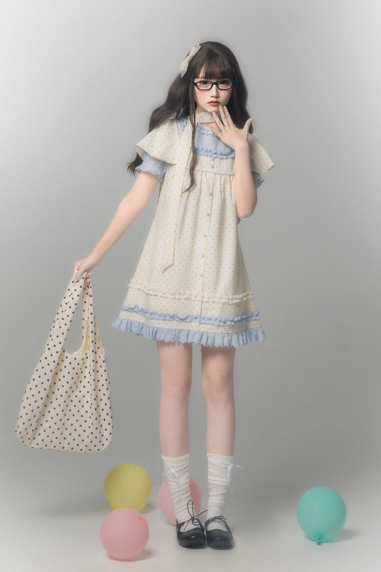 Polka Dot Bouclé Printed Ruffled Faux Two-Piece Sweet Japanese Lolita Dress with Round Collar and Long Sleeves