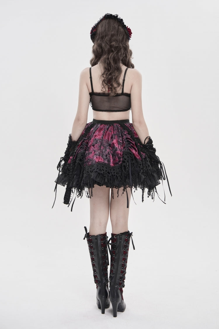 Crimson & Noir Off-Shoulder Bow Lace Color-Block Strappy Pleated Gothic Corset