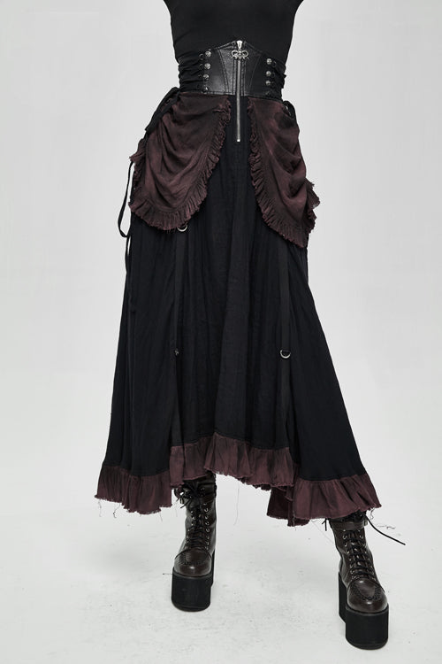 Steampunk Half Skirt with Drawstring and Burgundy Print
