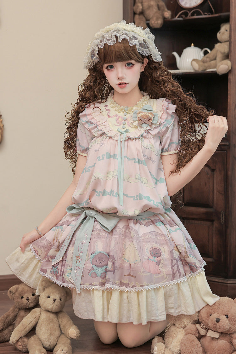 Rose Bear Print Bow Sweet Lolita Dress Set with Ruffled Short Sleeves