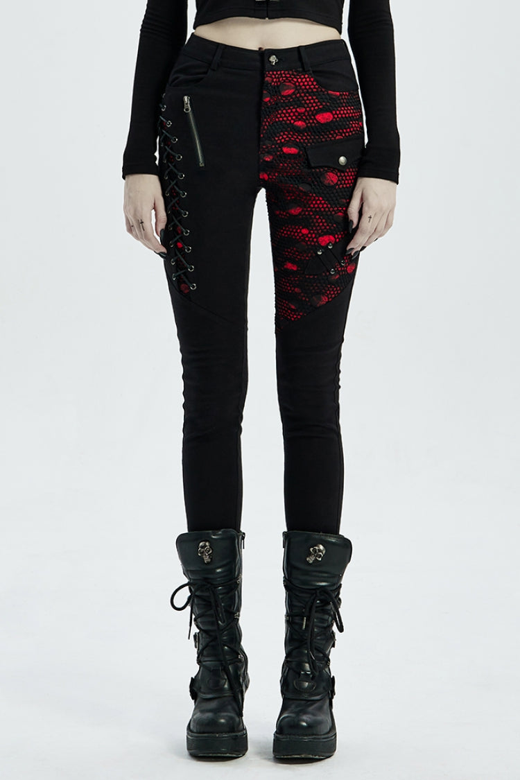 Steampunk Laced Skinny Denim Trousers with Drawstring Accents