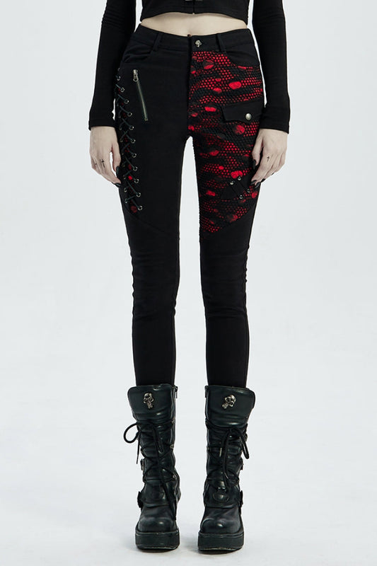 Steampunk Laced Skinny Denim Trousers with Drawstring Accents