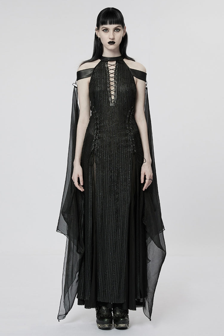 Mesh Gothic Dress with Detachable Cape and Side Slit