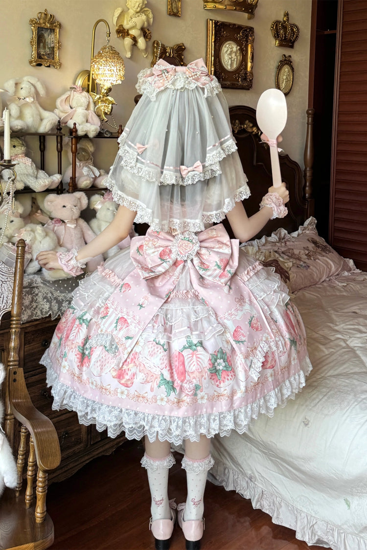 Berry Sweet Wish Square Collar JSK Set, Pearl Decorated Bow Lace Ruffled Print