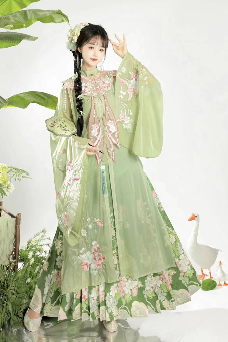 Emerald Stand Collar Long Sleeve Ming Style Embroidered Cloud Shoulder Sweet Hanfu Horse Face Gown Set