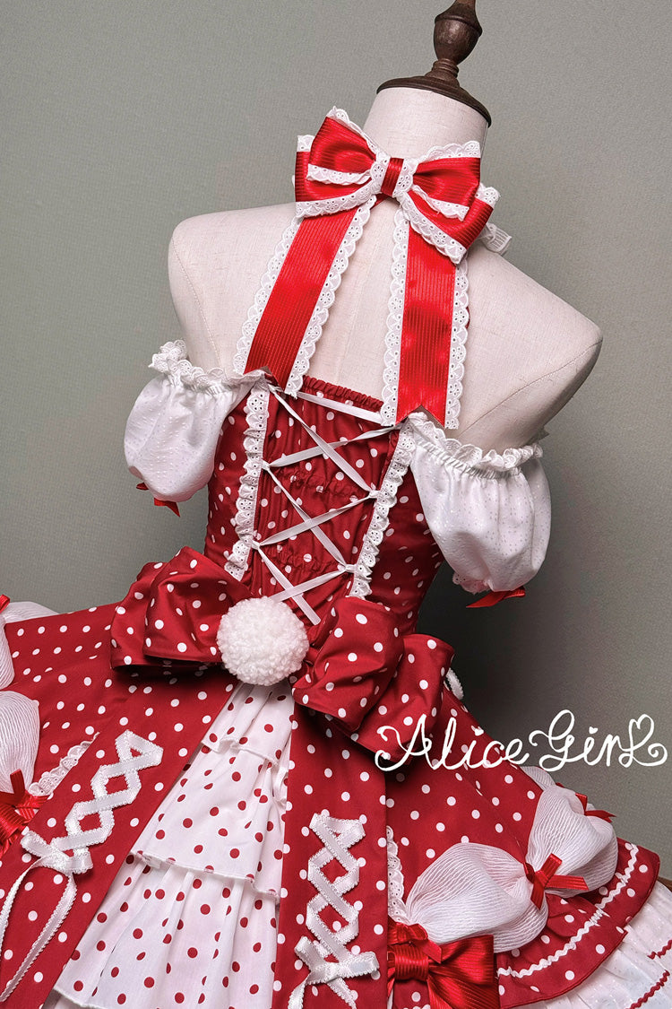 Wine Halterneck Polka-Dot Bow Lace-Up Sweet Lolita Frock