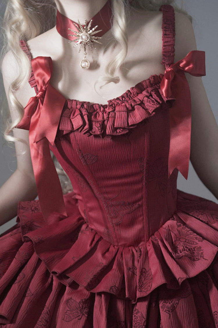 Burgundy Sleeveless Layered Ruffle Bow Boned Gothic Lolita JSK Dress