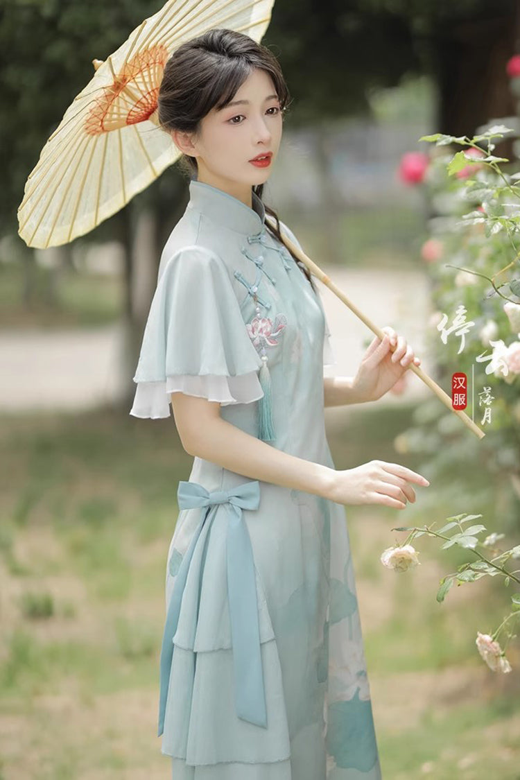 Emerald Ruffle Short Sleeve Lotus Print Sweet Cheongsam Hanfu Dress