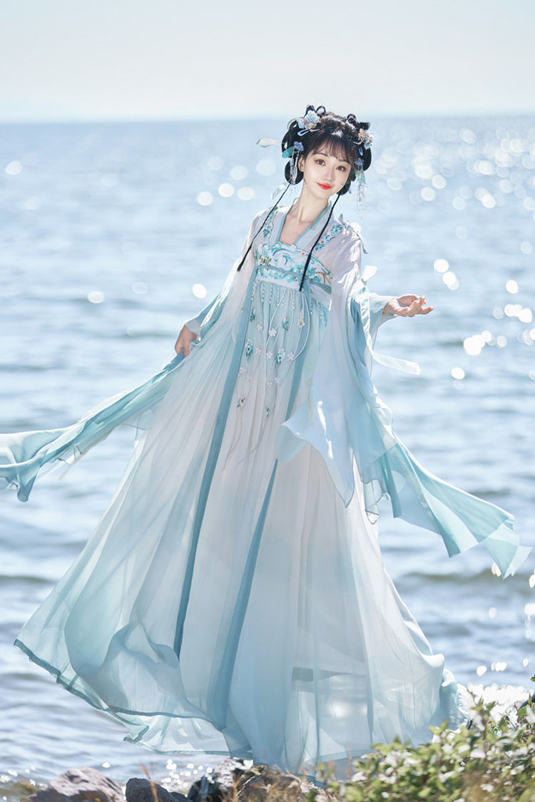 High-Waisted Embroidered Lace Hanfu Full Ensemble - Blue Ocean