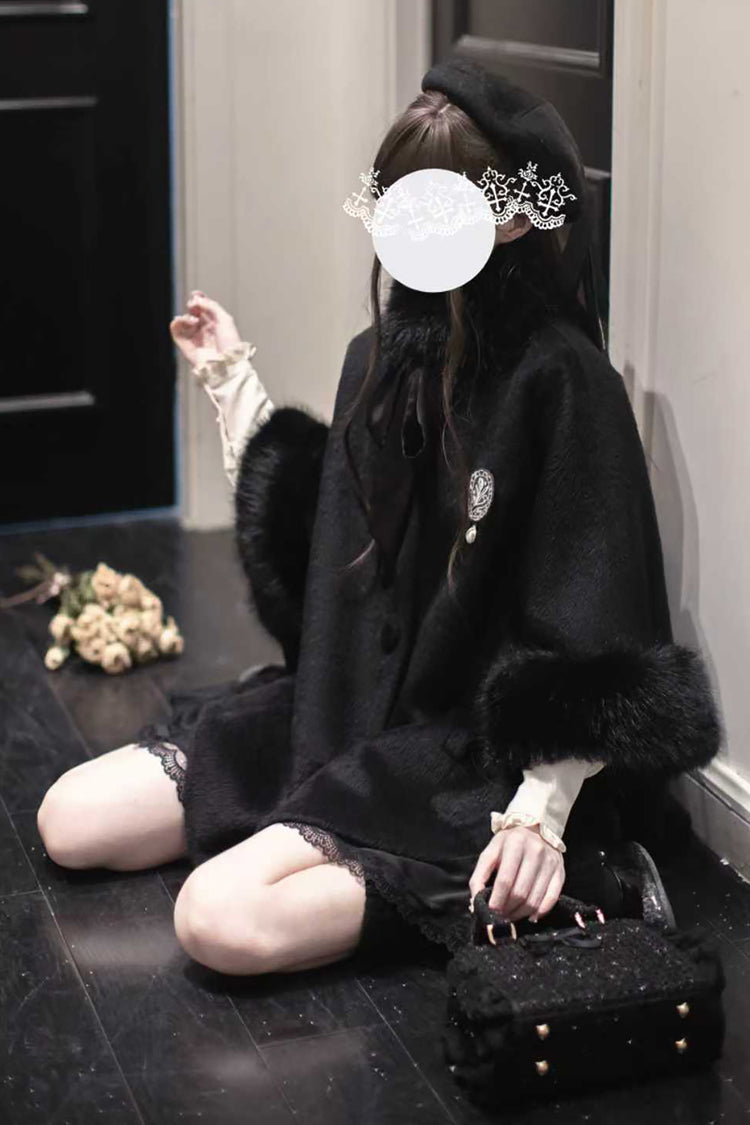 Japanese Lolita Fluffy Cloak Coat with Lace and Extended Sleeves