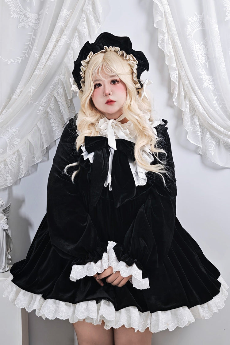 Stand Collar Ruffled Bow Plus Size Gothic Dress - Antique Velvet Doll