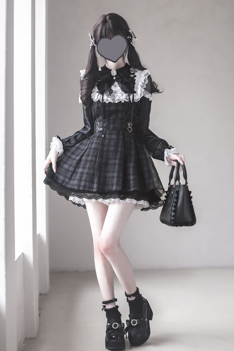 Plaid Print Ruffle Bow Sweet Jirai Kei Dress - Angel Heartbeat