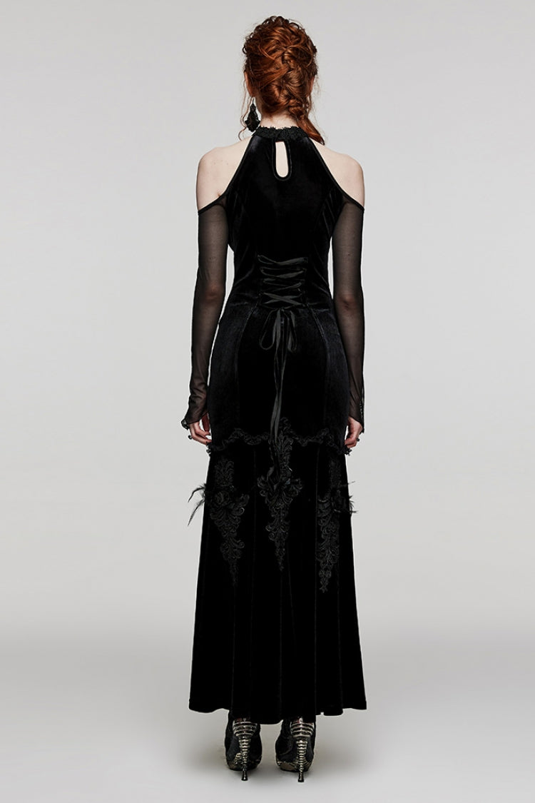 Gothic Mesh Dress with Off-Shoulder Hollow Stitching and V-Collar