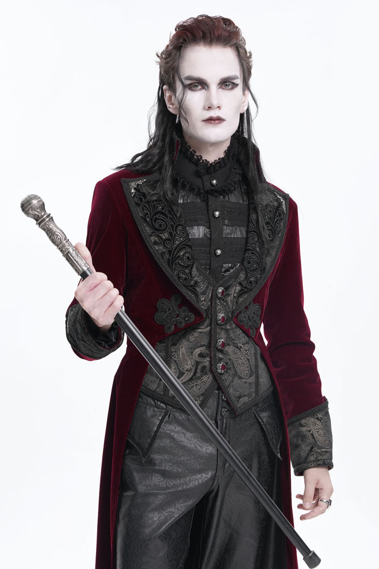 Burgundy Long Sleeve Button Floral Embroidery Gothic Men's Jacket