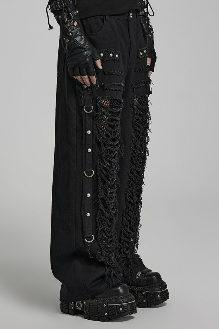 Steampunk Men's Ripped Straight Pants with Metal Rivets and Mesh - Two Tones