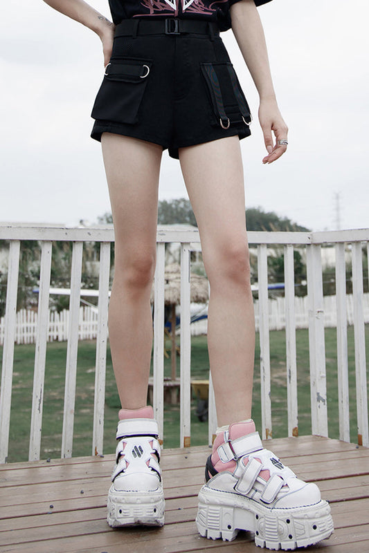 Women's Punk Shorts with High Waist and Multi-Level Pocket Clasp Belt