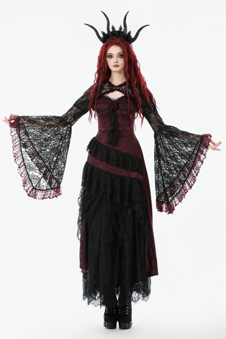 Crimson Noir Flared Lace Puff-Sleeve Women's Gothic Cape