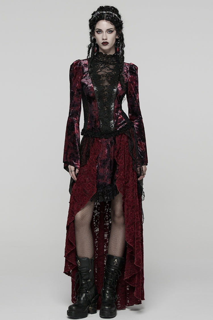 Crimson & Noir Long Flared Sleeve Paneled Lace-Up Gothic Blouse