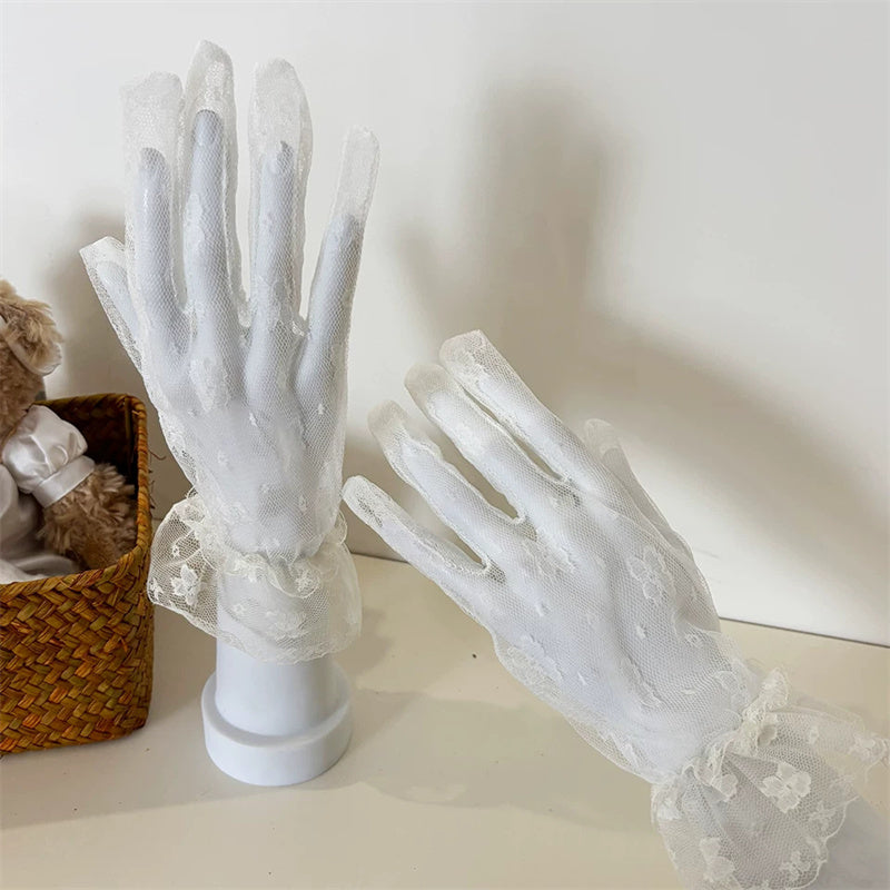 Lace Mesh Gloves with Butterfly Embroidery