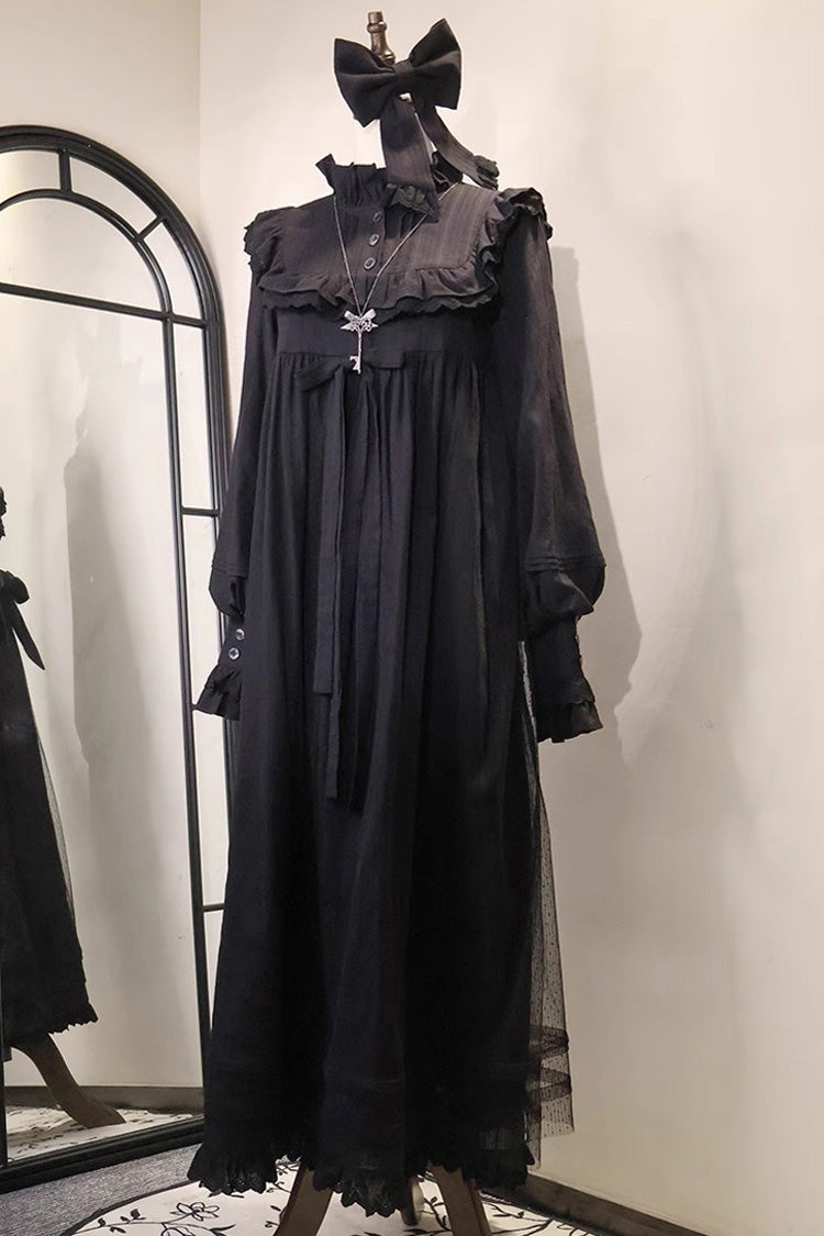 Gothic Nightgown with Ruffle Bow and Lace Trim, Long-Sleeve Sleepwear