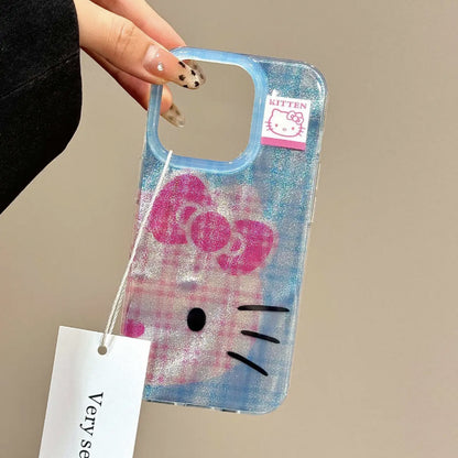 Coque de téléphone à motif de chat à carreaux bleus Kawaii KI673