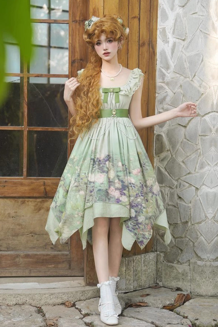 Emerald Blooming Roses Oil Painting Chiffon Ruffle Bow Irregular Sweet Lolita Jumper