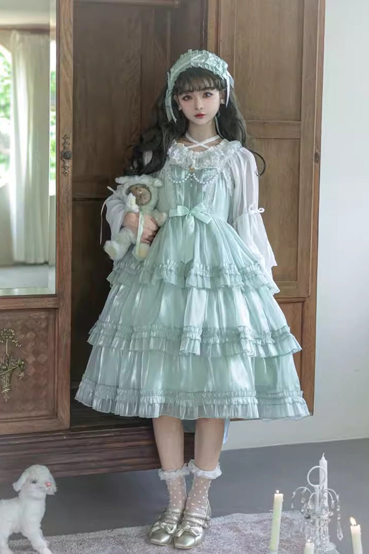 Emerald Starry Gauze Love Song Triple Ruffle Bow Sweet Lolita Tiered JSK Dress