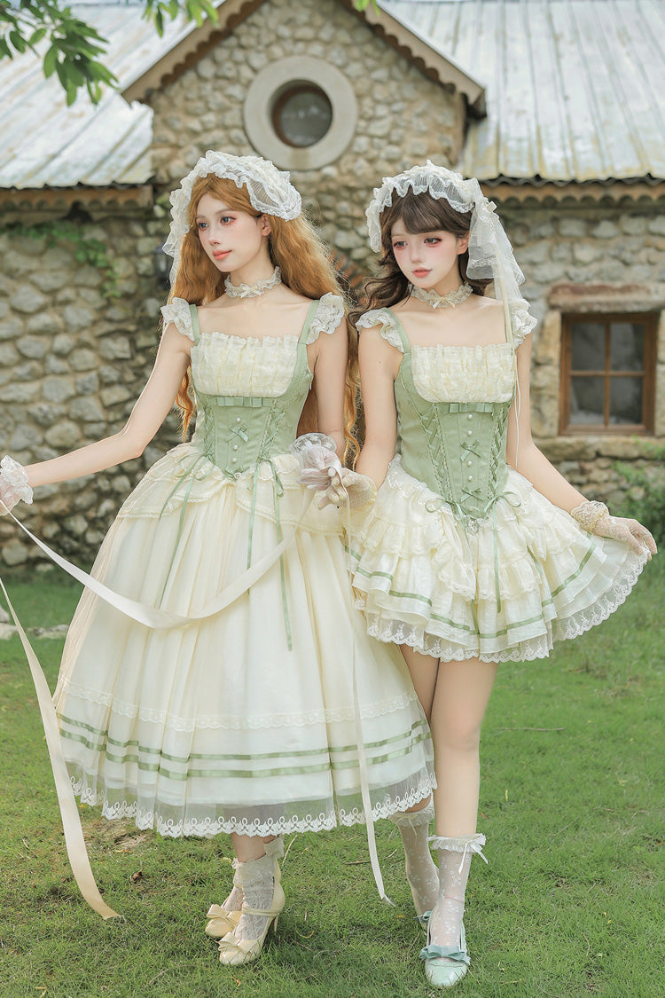 Emerald Square Neck Ruffled Lace Bow Accent Sweet Lolita JSK in Two Styles