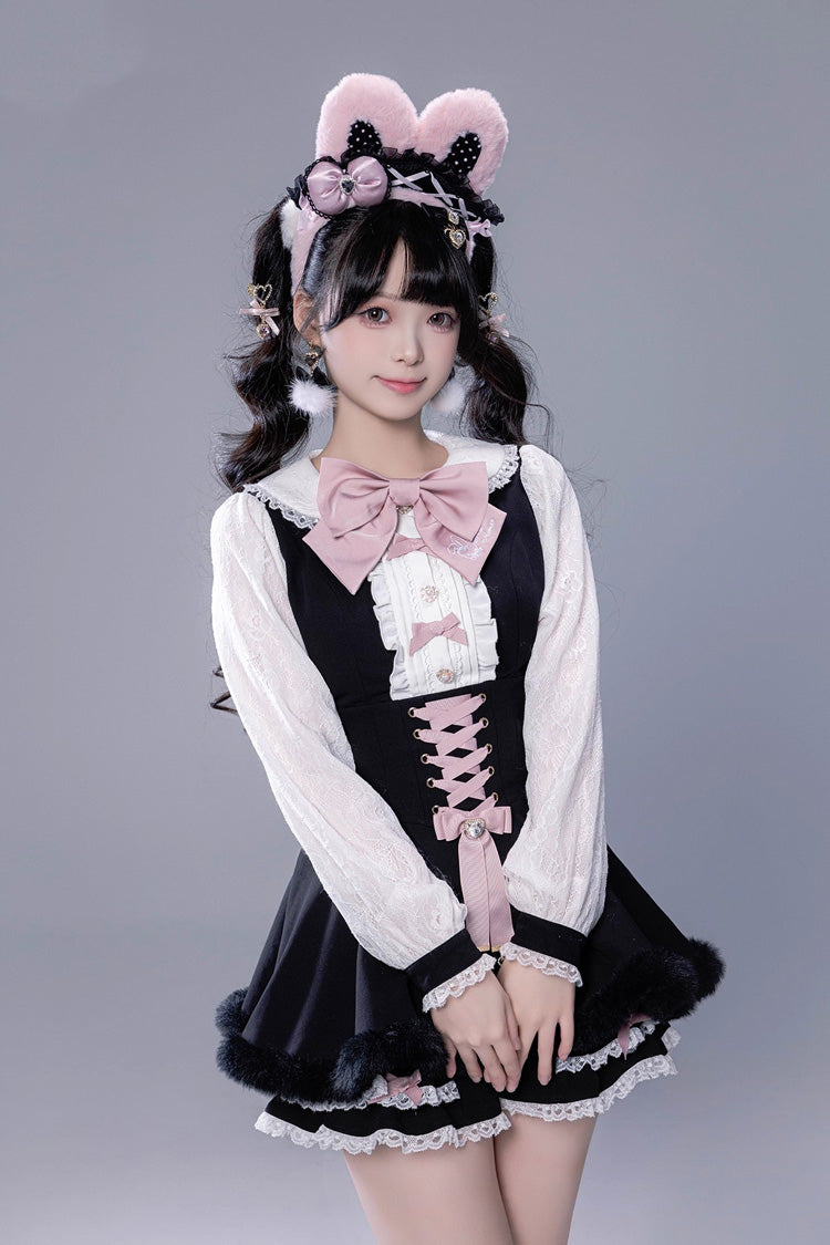 Jirai Kei Long-Sleeve Lace-Up Set with Ruffle Bow and Plush Shorts, Japanese Style