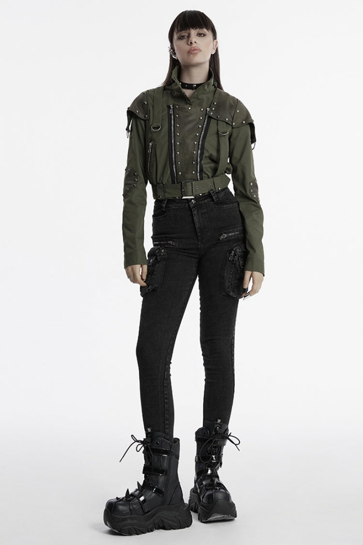 Emerald Stand Collar Long Sleeve Stitching Faux Leather Gothic Military Jacket for Women